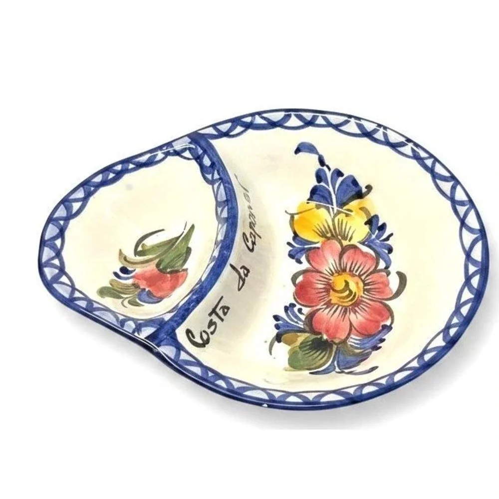 Hand Painted Portugal Costa da Caparica Floral Divided Ceramic‎ Serving Dish